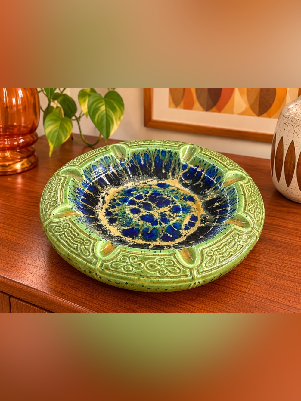 Vintage Large mid century modern green speckled Ceramic Ashtray MCM